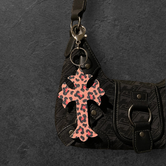 Pink Leopard Cross Keychain