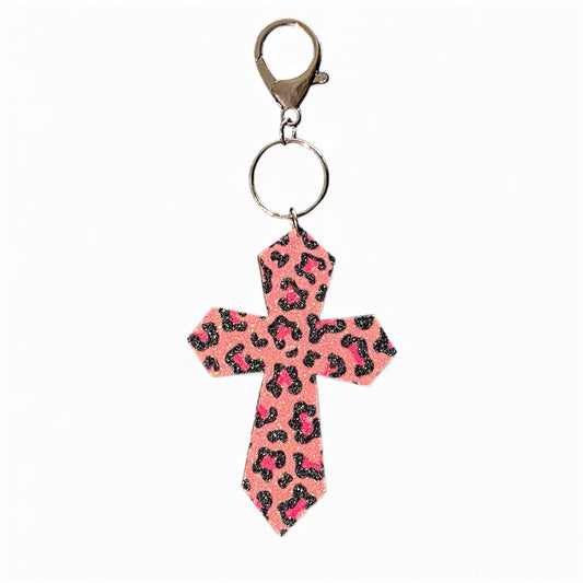 Pink Leopard Cross Keychain v.2