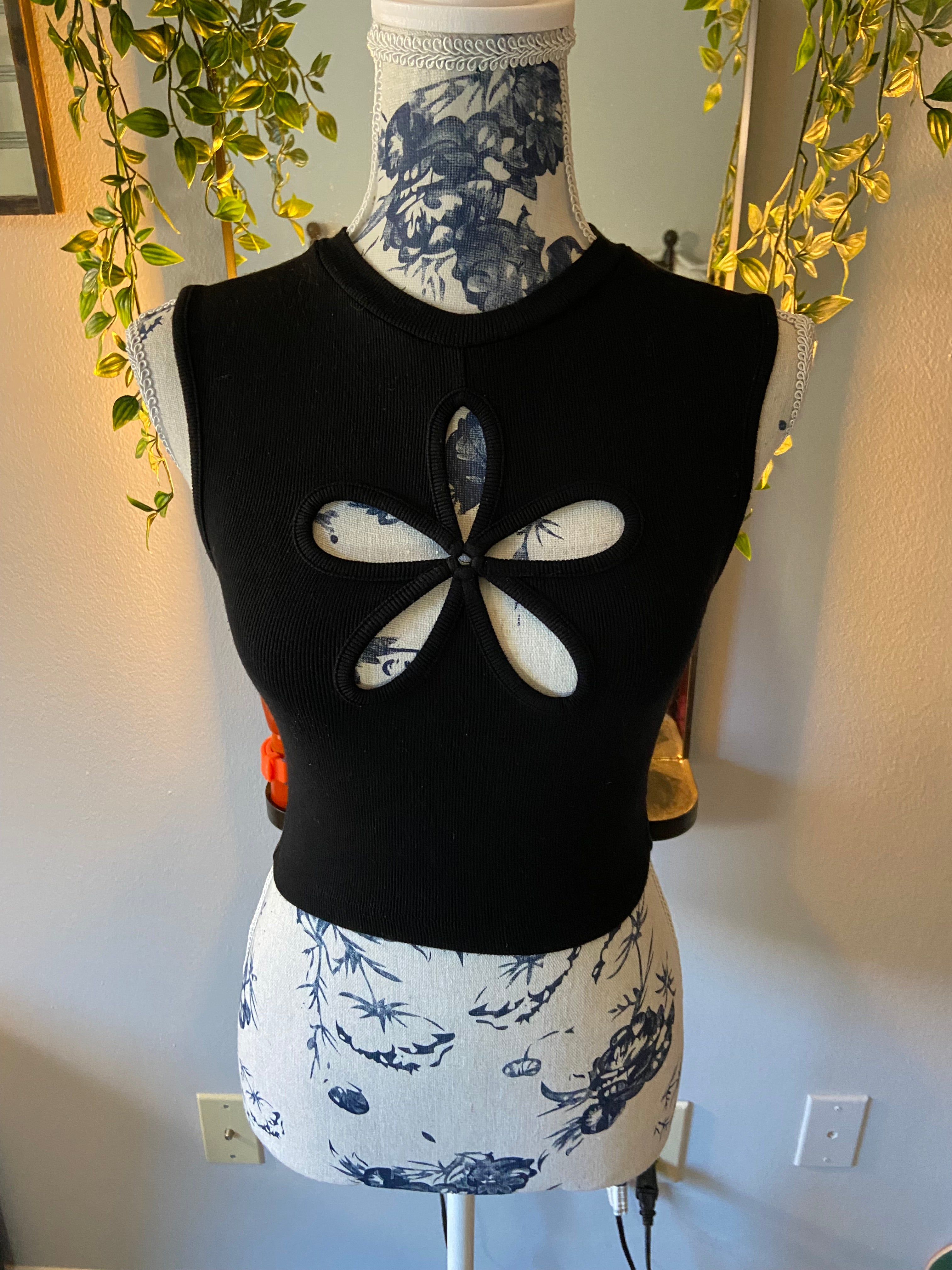 Black Tank Top with Flower Cut Out