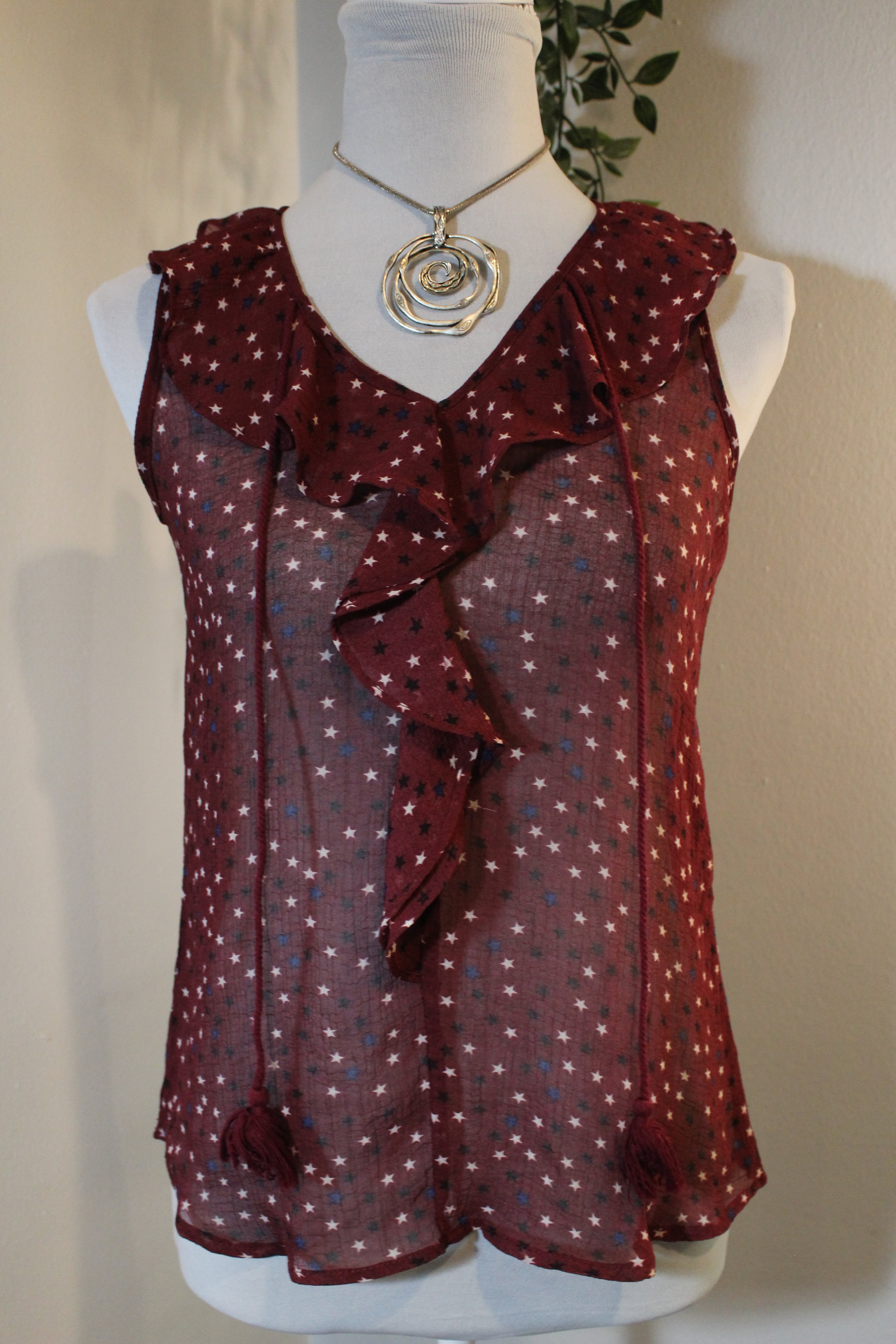 4th of July Sheer Red Blouse with Blue and White Stars