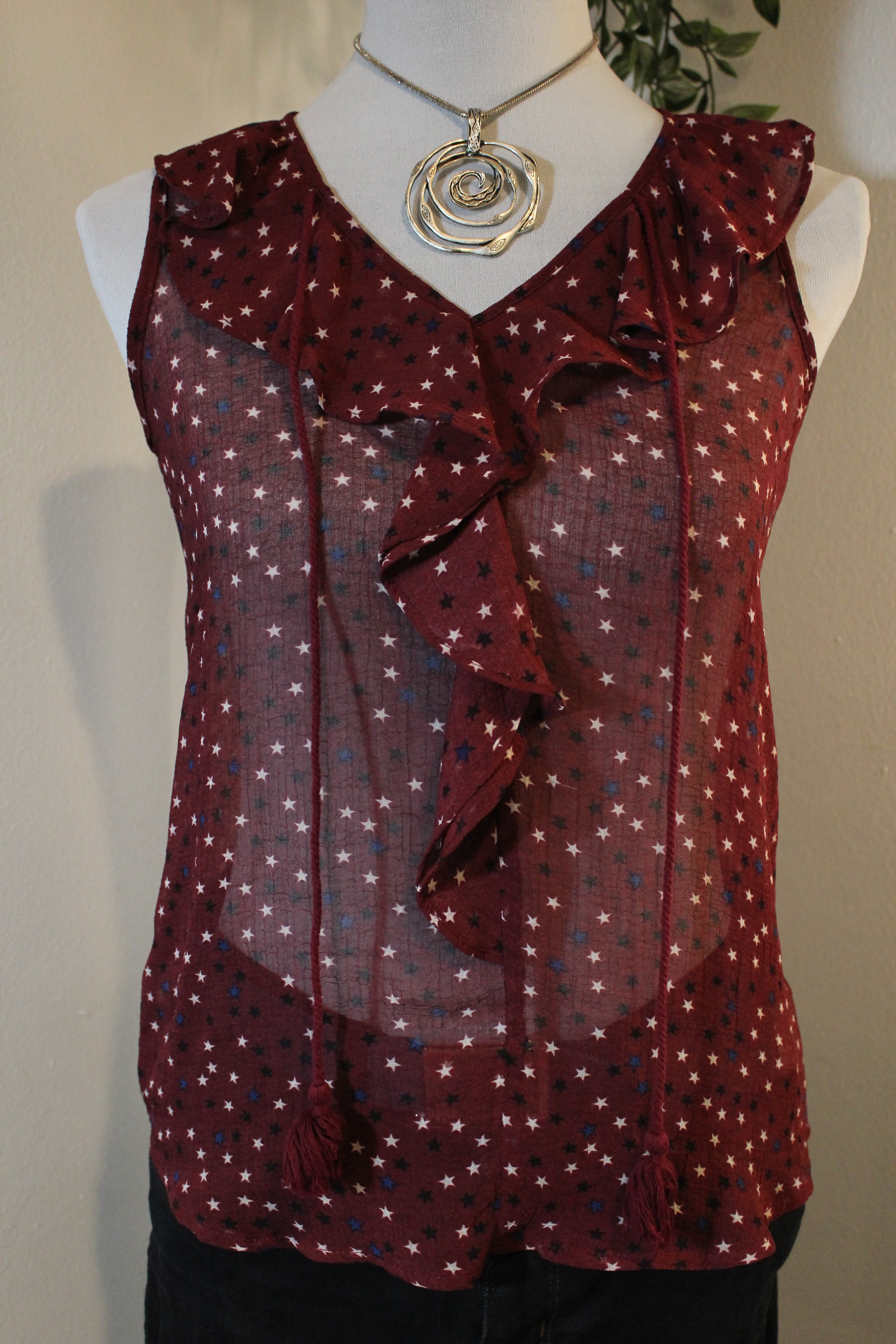 4th of July Sheer Red Blouse with Blue and White Stars