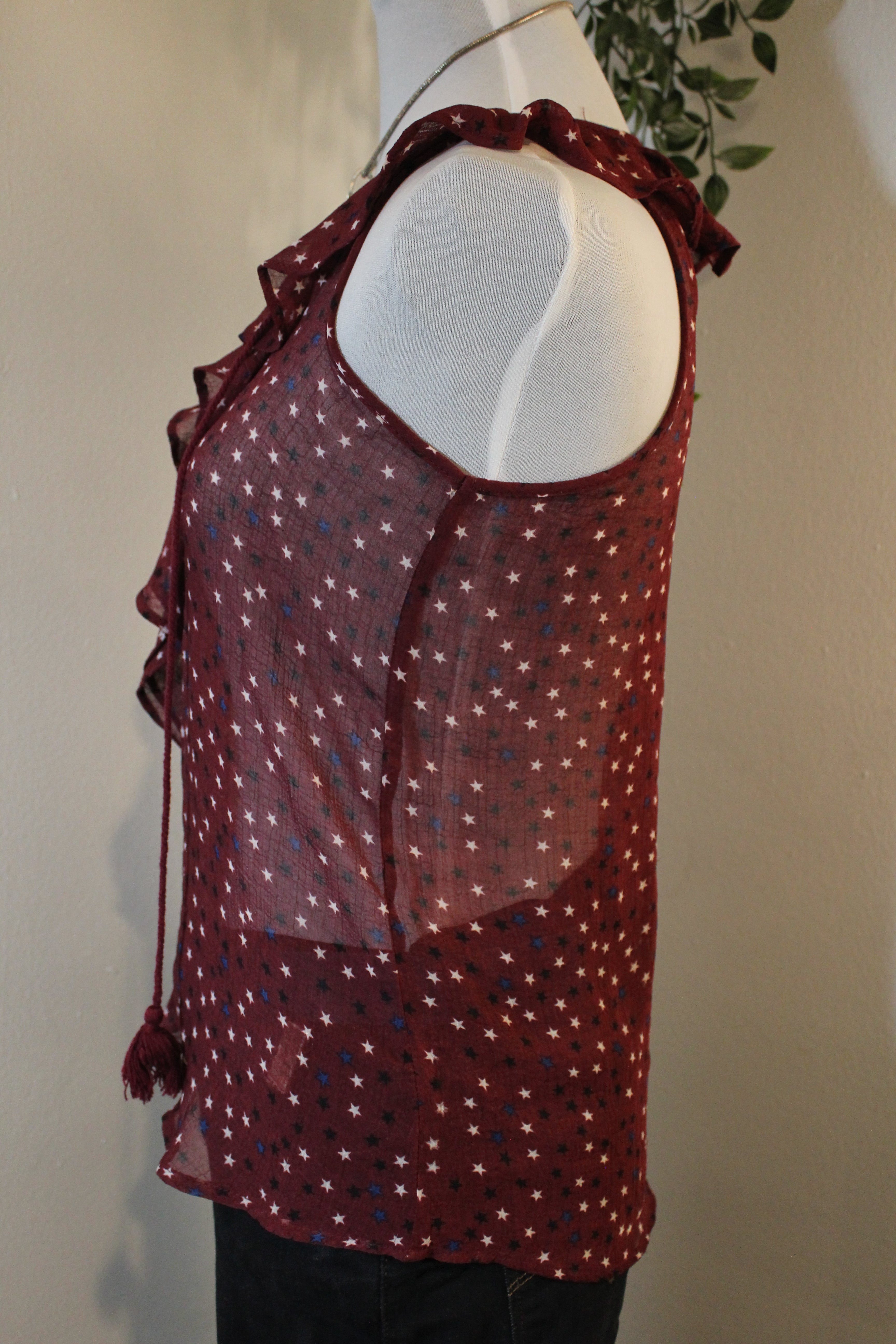 4th of July Sheer Red Blouse with Blue and White Stars