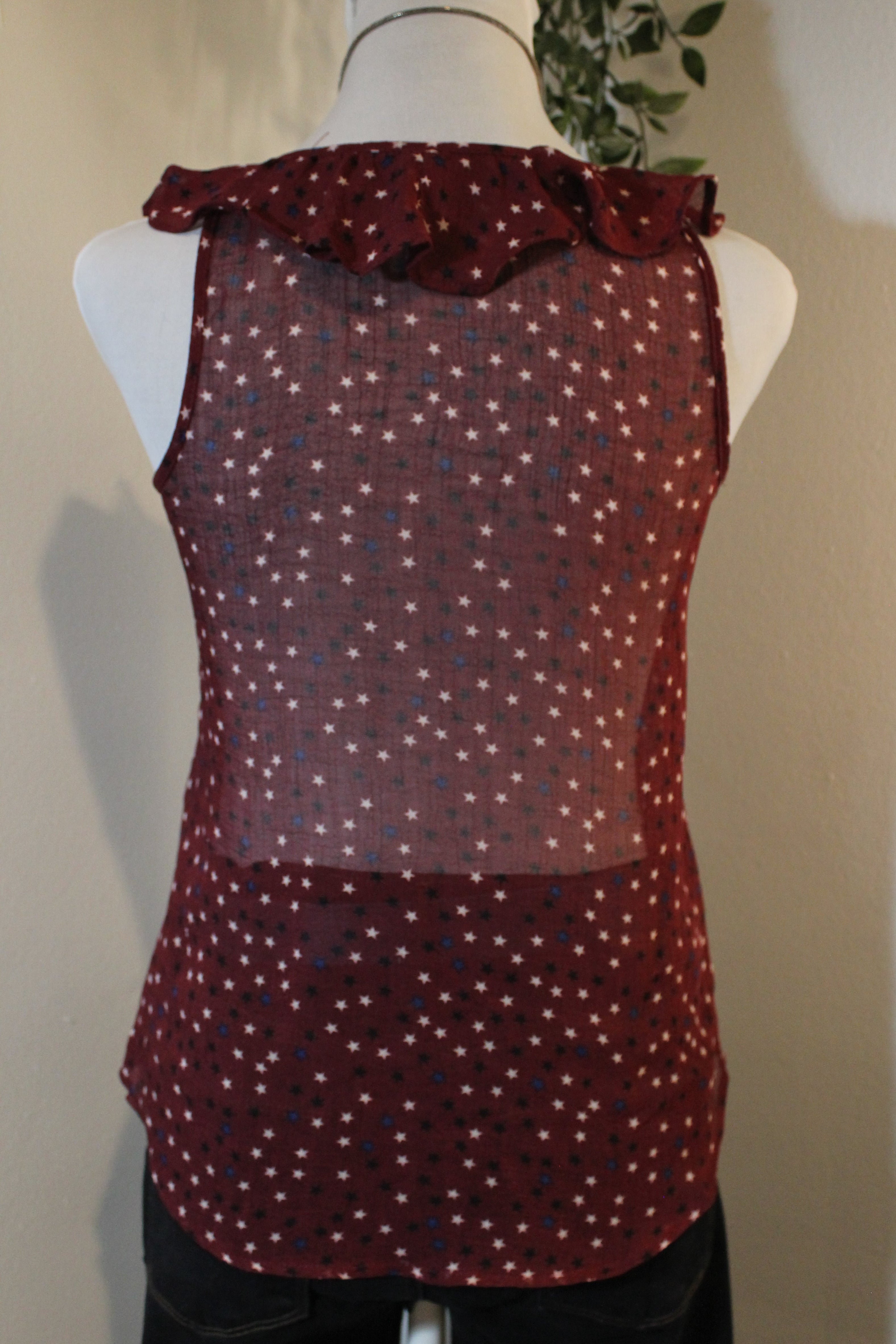 4th of July Sheer Red Blouse with Blue and White Stars