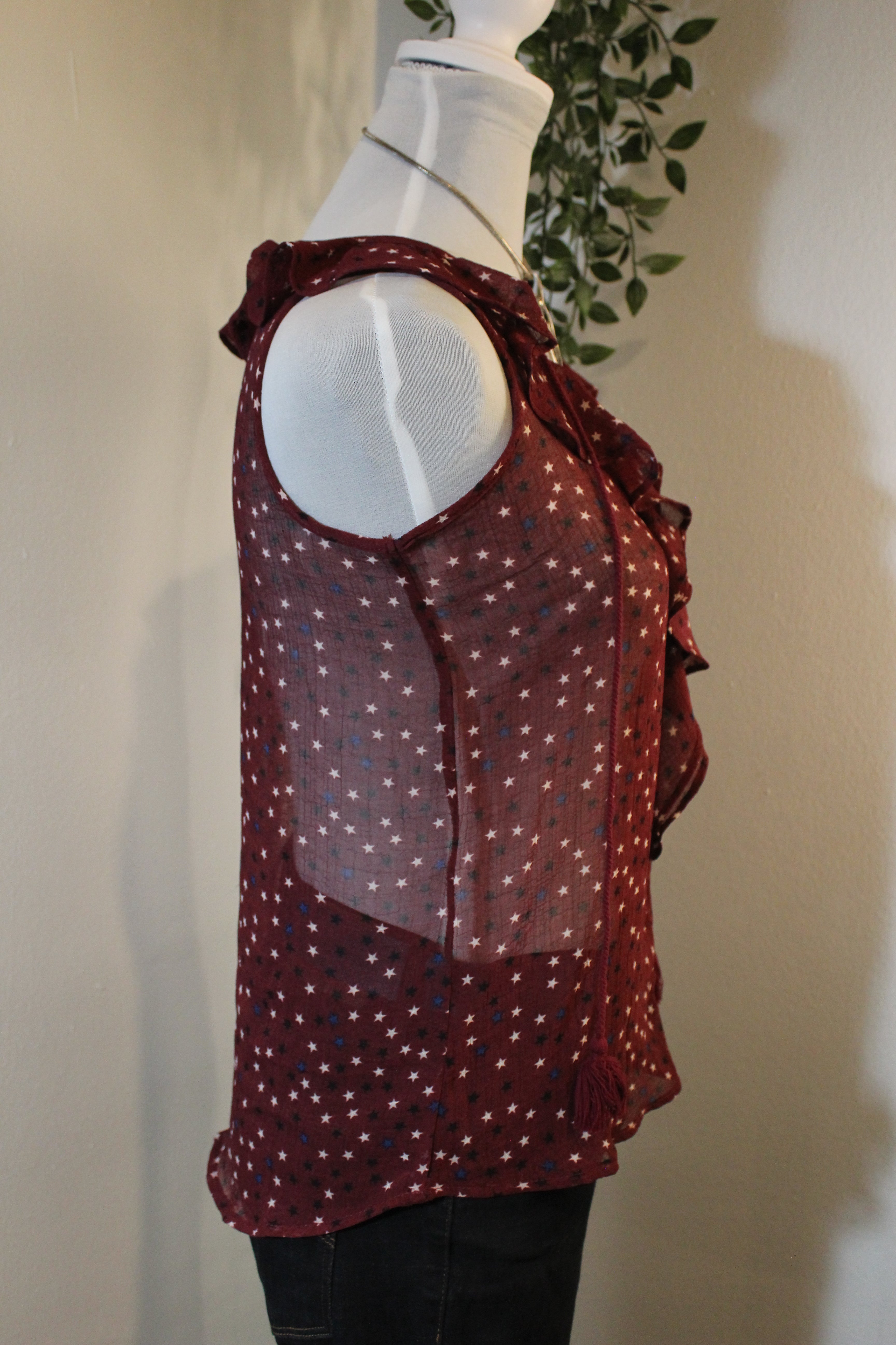 4th of July Sheer Red Blouse with Blue and White Stars