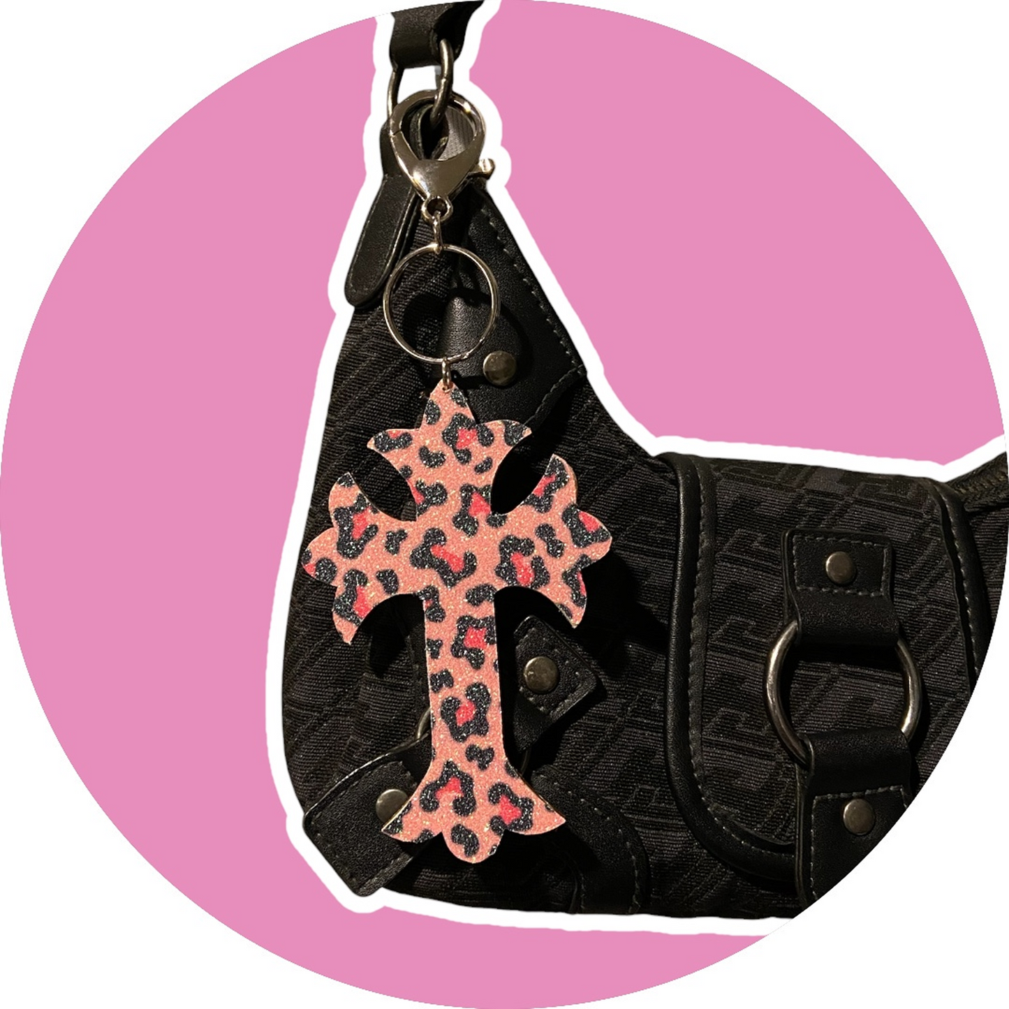 Pink Leopard Cross Keychain