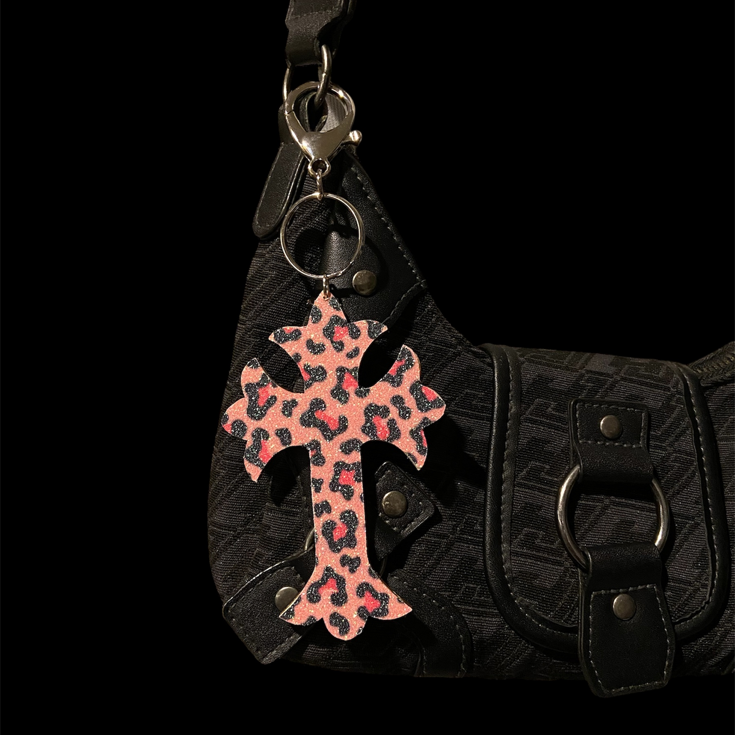 Pink Leopard Cross Keychain